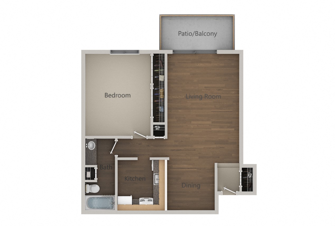 Floor plan for 1 bed, 1 bath, 714 sqft